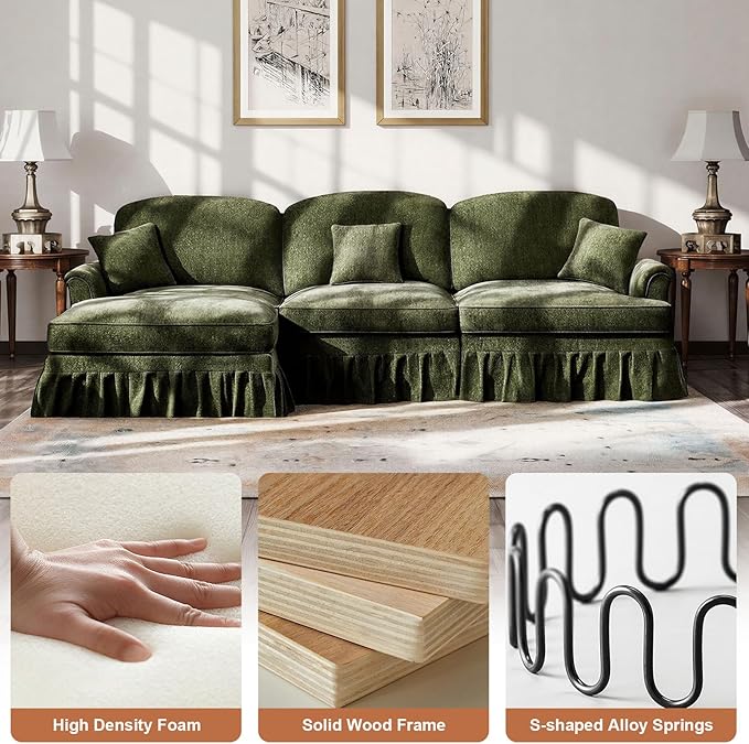 Rovibek 107” L Shaped Couch, Chenille Midcentury Modern Sofa with Detachable Ruffle Hem, Sectional Couches for Living Room with Throw Pillows & Ottoman, Green