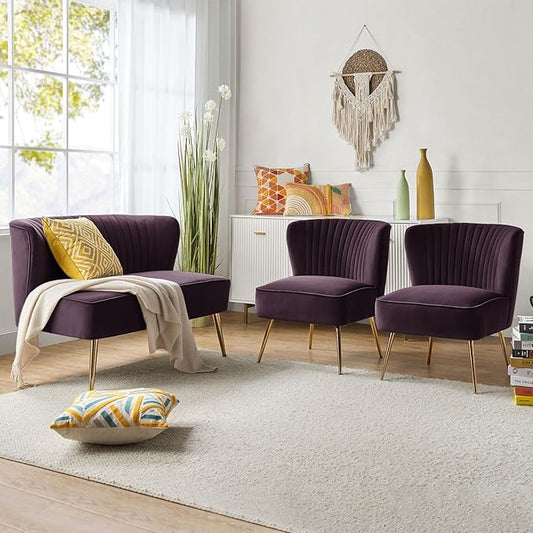 HULALA Home 3 Piece Velvet Living Room Furniture Set, Modern Comfy Upholstered Chair Set with Golden Legs, Include Loveseat & 2 Accent Chairs for Bedroom, Purple Tufted 2-Seater Sofa & Armless Chairs