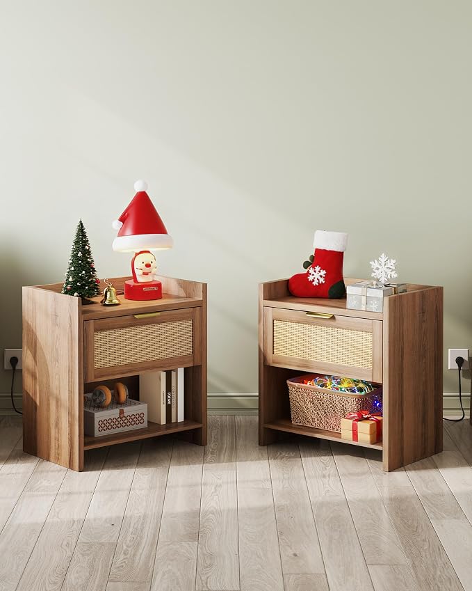 WLIVE Rattan Nightstands Set of 2, Night Stand Sets with Charging Station, Boho Bed Side Table with Storage Drawer and Open Shelf, End Tables Bedroom, Natural Oak - Image 5