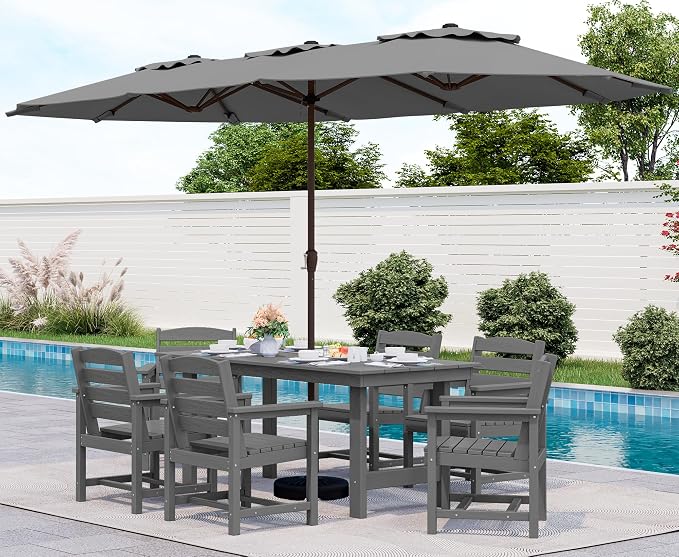 SERWALL 8-Piece Patio Dining Sets with 15FT Double Side Patio Umbrella, Outdoor HDPE Dining Furniture Set with Umbrella Hole Cut-Out Table and 6 Chairs, Gray（Umbreall Base not Included） by SERWALL