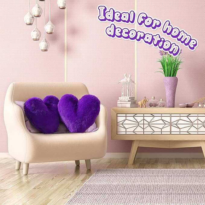 Marsui 2 Pcs Heart Throw Pillows, Soft Fluffy Faux Fur Decorative Hearts Shaped Pillows for Living Room Sofa Bed, Cute Heart Themed Gift for Women(Royal Purple,11.81 x 11.02 Inch)