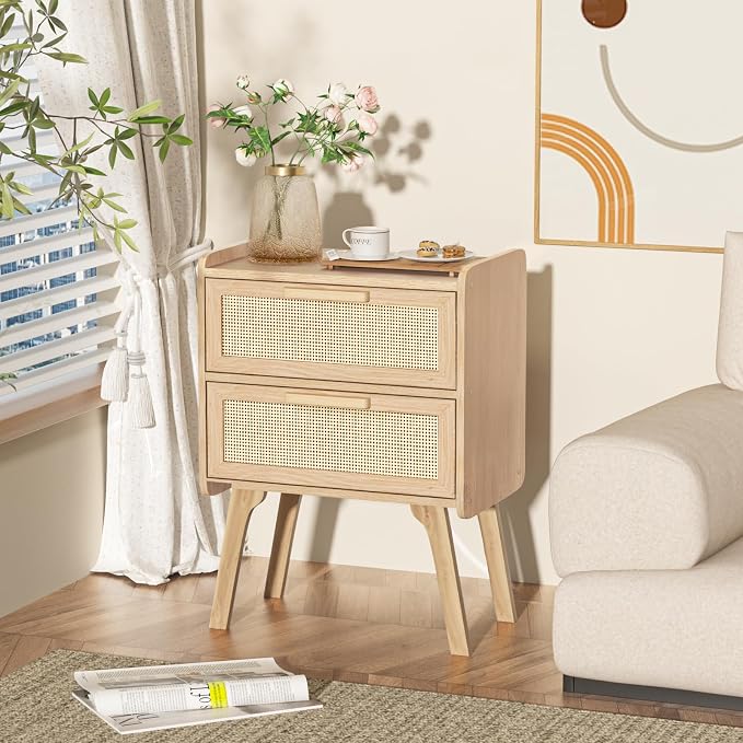 Lerliuo Rattan Nightstands Set of 2, Boho Night Stand with 2 Drawers, Cane Accent Side End Table, Bedside Table with Solid Wood Legs for Bedroom, Dorm and Small Spaces (Natural) - Image 9