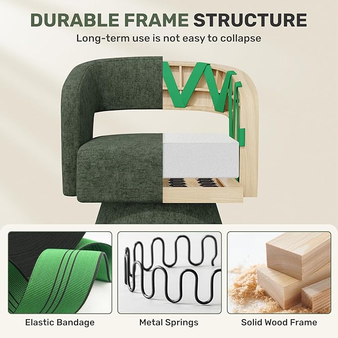 Nebuaegis Swivel Accent Chair, Modern Comfy Chenille Barrel Chairs, Oversized Upholstered Round Arm Chair for Living Room, Bedroom, Reading Room, Green, 1 PCS