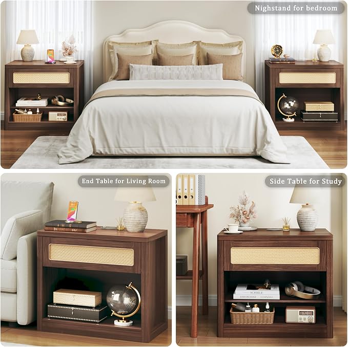 Rattan Nightstands Set of 2, Night Stand with Wireless Charging, Mid Century Modern Bedside Table with Drawer & Open Shelf, Curved Profile Design, End Side Table with Storage for Bedroom, Living Room - Image 5