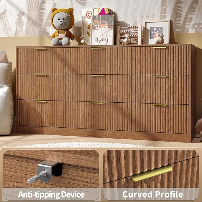 Dresser for bedroom Set of 2, Long Dresser with 18 Drawers, Fluted Modern Bedroom Furniture Set, TV Stand Dressers & Chests of Drawers for Closet, Natural Wood (15.7"D x 125.8"W x 31.8"H)