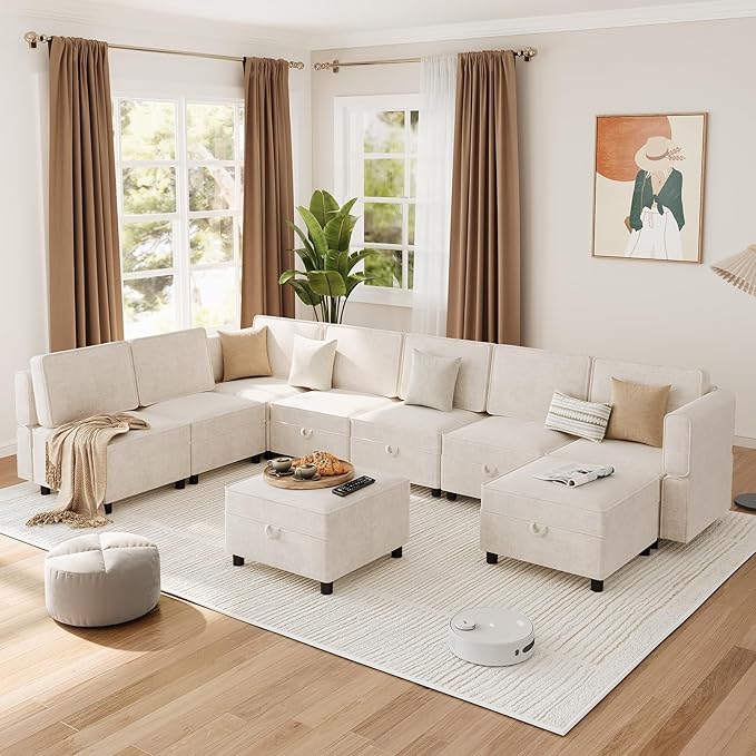 GAOMON Modular Sectional 9-Seat Sofa, L Shaped Sectional Couch with Removable Storage Ottoman, Convertible Sleeper Sofa Suitable for Living Room, Bedroom, and Apartments, Beige