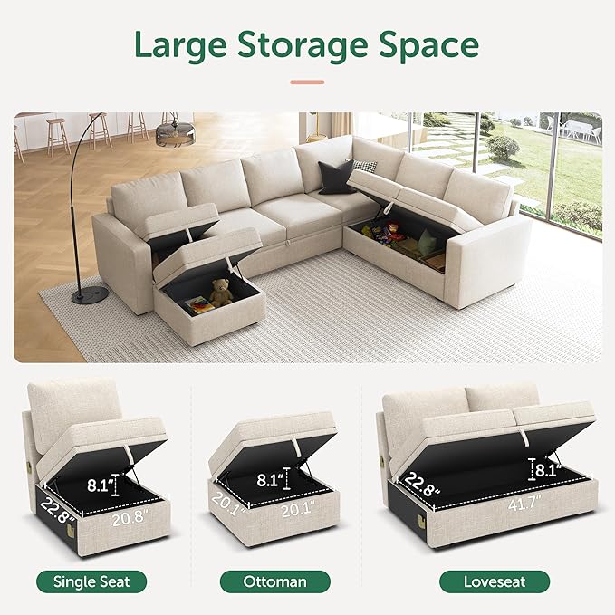 HONBAY Modular Sectional Sleeper Sofa with Pull Out Bed, U Shaped Sectional Couch with Storage Ottoman, Sleeper Sectional Couches for Living Room, Beige