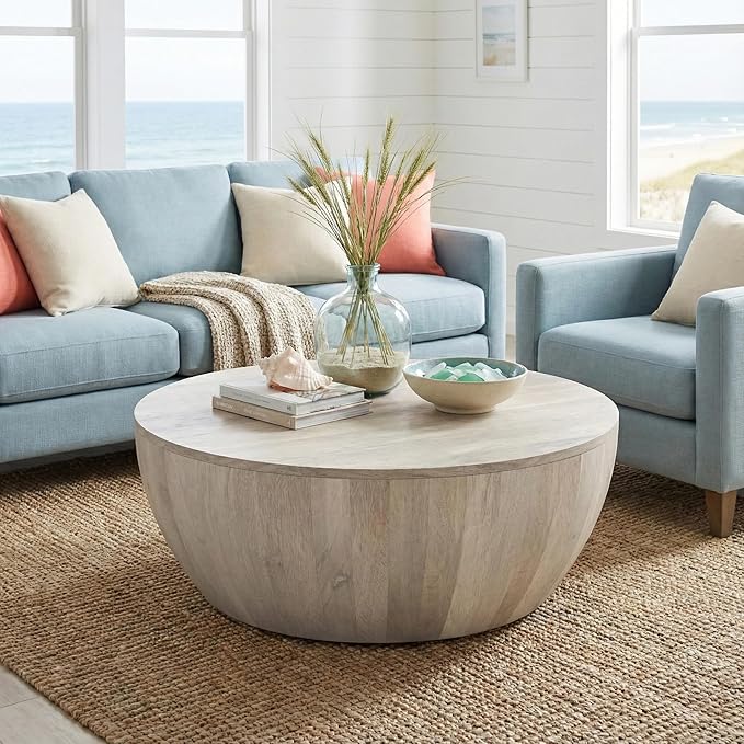 SIMPLIHOME Elmbrook Coffee Table - 34 inch Wide Solid Mango Wood Modern Industrial Round Drum Cocktail Table in Weathered White, Sculptural Living Room Table with Low Profile Design, Assembled
