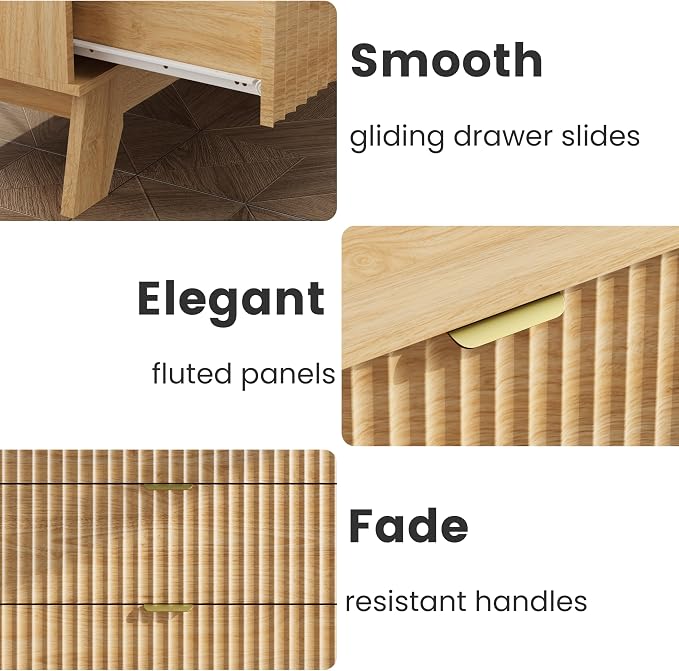 Wodeer Night Stand Set 2, Bedside Table & End Table, Mid Century Modern Fluted Wood Nightstand with 3 Drawers & Metal Handles, Farmhouse Nightstand for Bedroom, Natural Oak - Image 8