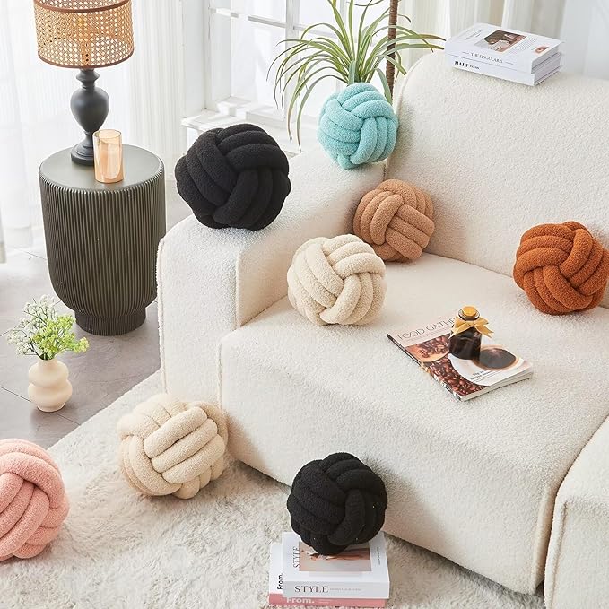 LUSJNGE Decorative Throw Knot Pillow Ball for Home Chair Sofa Couch Bed Aesthetic Round Decor Pillows Lambswool Knotted Pillow Cushion (Khaki, 13 inches)