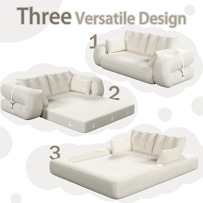 78.7" Convertible Sofa Bed, 3-in-1 Folding Floor Couch with 4 Pillows, Sleeper Sofa for Living Room and Guest Bed, No Assembly Required (Beige, Teddy Fabric)