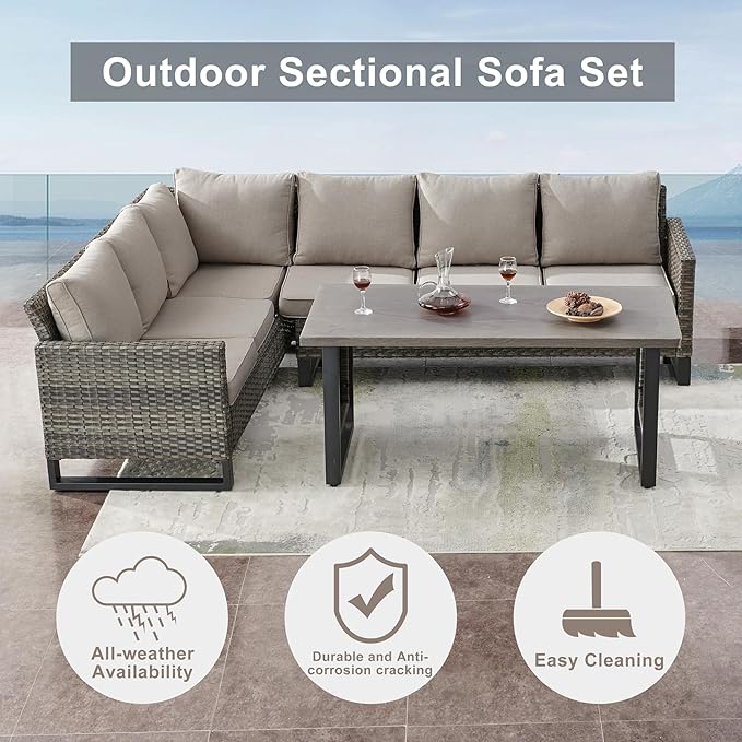 Belord Outdoor Sectional Furniture with Swivel Rocker Chair, 10 Pieces Wicker Patio Furniture Sets with Ottoman L Shaped Sofa Coffee Table Grey Cushion