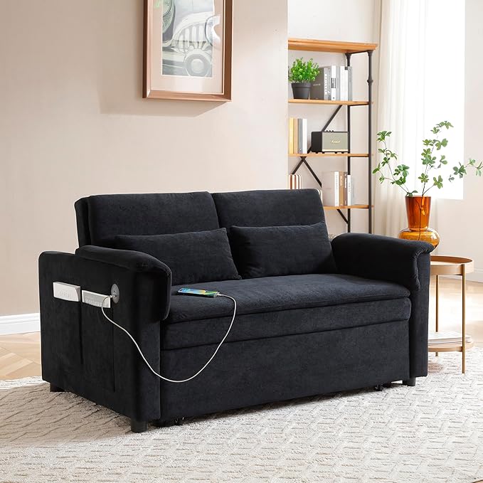 Convertible Loveseat Pull Out Sleeper Sofabed Futon Loveseat Lounge Couch for Living Room 3 in 1 Multi-Functional Pullout Sofa Bed with Reclining Backrest , USB Ports and Side Pockets for Home Office