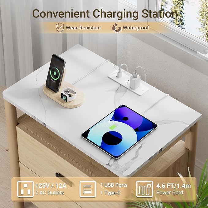Night Stand Set 2, 23" Nightstands Set of 2, Modern Nightstand with Charging Station & Faux Marble Top, 2 Drawer End Table with Solid Round Post Legs, Bedside Table for Bedroom, Natural Oak - Image 6