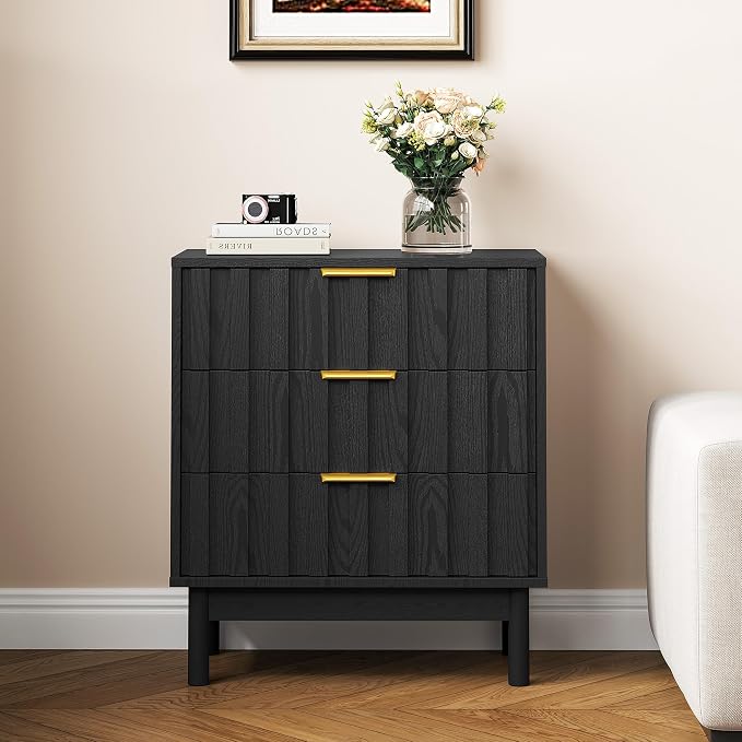 RoyalCraft 3 Drawer Nightstand, Modern Fluted Chest of Drawers, Wooden Storage Night Stand Side Table with Chic Edge Pull, Perfect for Bedroom, Living Room, Entryway, Black - Image 3