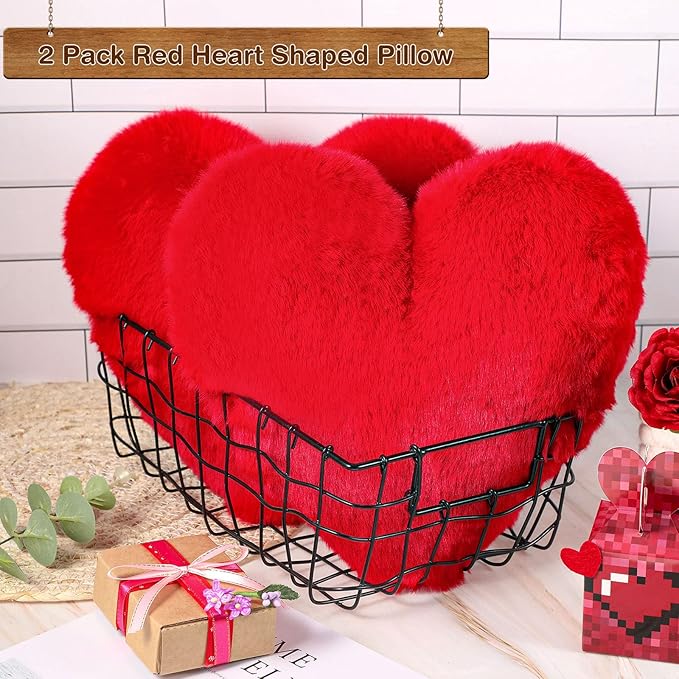 Marsui 2 Pcs Heart Throw Pillows, Soft Fluffy Faux Fur Decorative Hearts Shaped Pillows for Living Room Sofa Bed, Cute Heart Themed Gift for Women(Red,11.81 x 11.02 Inch)