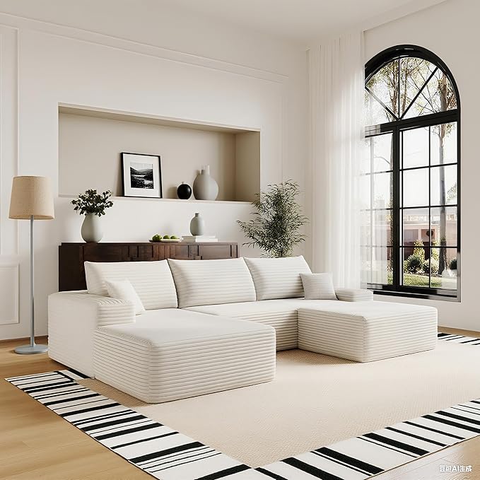 107" Corduroy Couch with Ottoman, Cloud Sectional U Shaped Sofa, Deep Seat Boneless Couches for Living Room Bedroom Apartment, Compressed Foam No Assembly Required, Left Facing Chaise, White