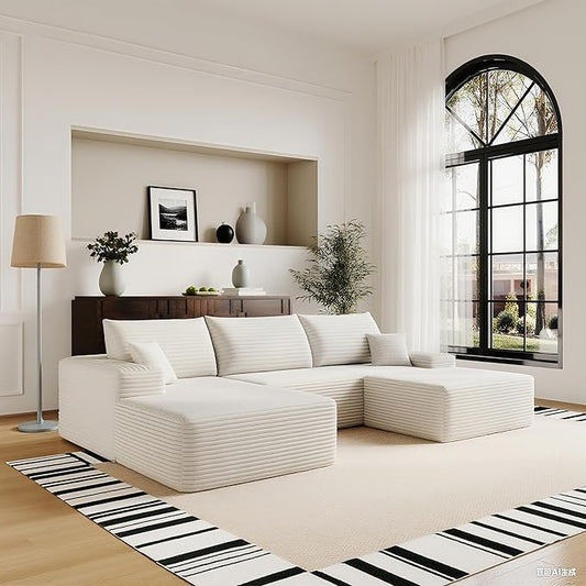 107" Corduroy Couch with Ottoman, Cloud Sectional U Shaped Sofa, Deep Seat Boneless Couches for Living Room Bedroom Apartment, Compressed Foam No Assembly Required, Left Facing Chaise, White