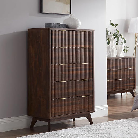 T4TREAM Fluted 5 Drawers Dresser, 48" Tall Modern Chest of Drawers, Curved Profile Design, Wood Drawer Organizer for Bedroom, Living Room, Hallway, Entryway, Dark Walnut by T4TREAMFurniture