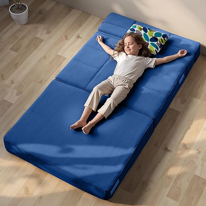 ARTPLAN Fold Sofa Bed-Sleeper Single with Pillow, Modern Futon Sleeper Chair Guest Bed with Washable Linen Cover, Foldable Mattress for Living Room, Dorm, Apartment,Dark Blue
