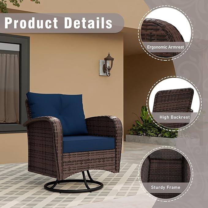 3 Piec Patio Bistro Set with 2 Rocking Chairs & Table, 360° Swivel PE Wicker Outdoor Furniture, Heavy-Duty Steel Frame,Weatherproof Cushions, Blue