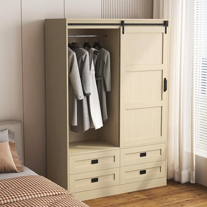Wardrobe Closet with Sliding Barn Door, Tall Wooden Bedroom Armoire Wardrobe Closet Storage Cabinet with 4 Drawers, Adjustable Shelves and Hanging Rod, Clothes Cabinet for Bedroom, Wood