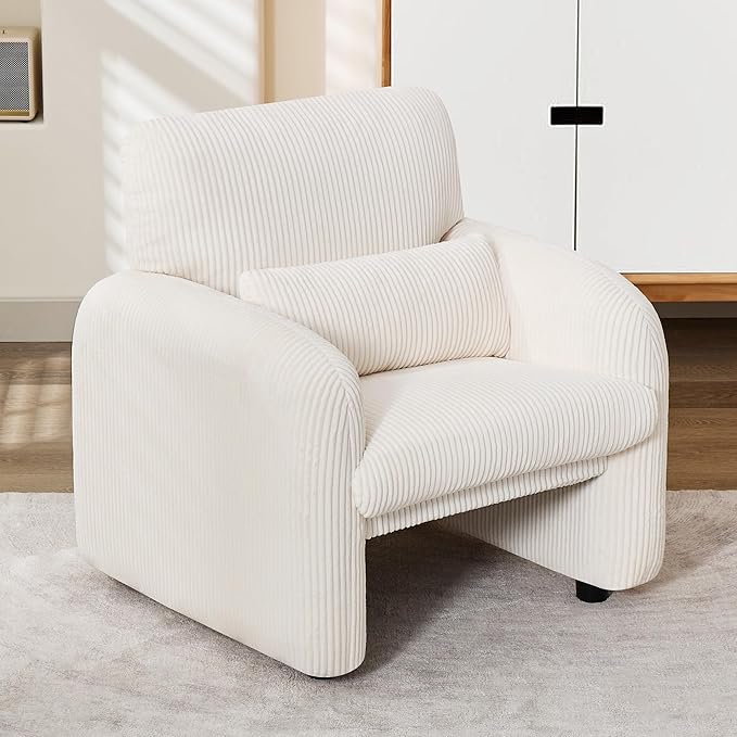 Modern Accent Chair, Comfy Upholstered Corduroy Armchair, Stylish Lounge Reading Chair for Living Room, Bedroom, Beige
