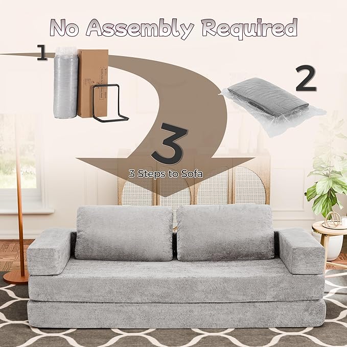 Convertible Sofa Bed, 4-in-1 DIY Combination Boneless Sleeper Sofa Bed with Pillows, Comfy Modular Couch with Fixed-Shape Frame, Chenille Convertible Lounge Couch for Living Room, Light Gray