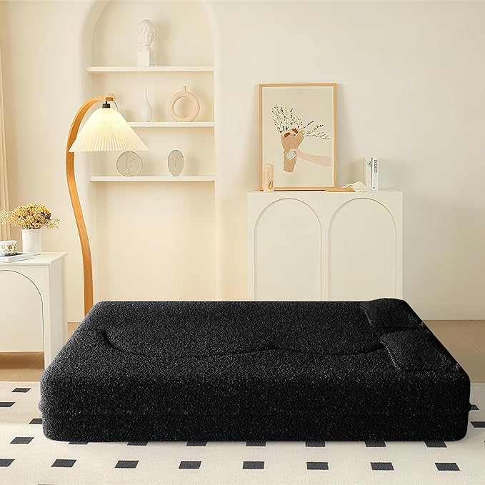 78" Convertible Sofa Bed, 2-in-1 Folding Floor Couch with 2 Pillows, Sleeper Sofa for Living Room and Bedroom, No Assembly Required (Black, Teddy Fabric)