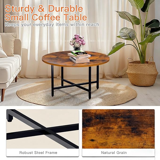 Round Coffee Table, 23.6" Small Coffee Tables for Living Room, Circle Coffee Table with Metal Frame, Floor Table Desk for Sitting on The Floor, Home, Office, Rustic Brown