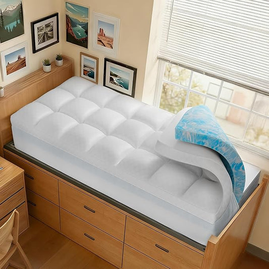 Dual Layer 4 Inch Memory Foam Mattress Topper Twin XL for College Dorm, 2 Inch Cooling Gel Memory Foam and 2 Inch Down Alternative Pillow Top Mattress Pad Cover 8-24 Inch Deep Pocket