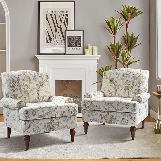 HULALA HOME Accent Chair Set of 2 with Solid Legs & Removable Cushion, Farmhouse Floral Comfy Upholstered Armchair, Leisure Single Sofa Chair for Living Room Bedroom