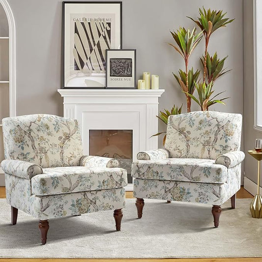 HULALA HOME Accent Chair Set of 2 with Solid Legs & Removable Cushion, Farmhouse Floral Comfy Upholstered Armchair, Leisure Single Sofa Chair for Living Room Bedroom