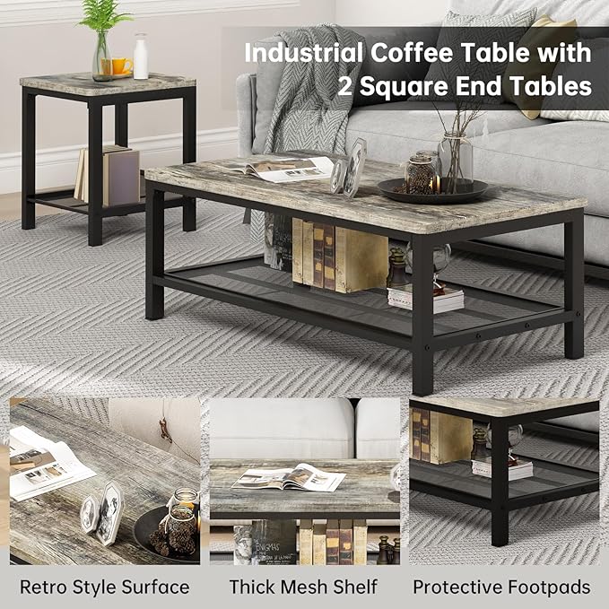 Lamerge 3 Pieces Living Room Table Set, Industrial Coffee Table with 2 Square End Side Tables, Coffee Table Set with Metal Frame for Apartment Home Office (Grey)