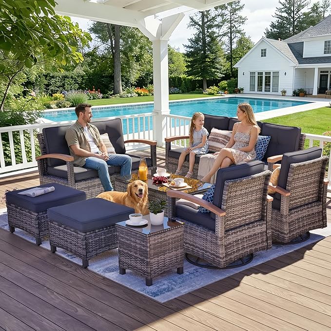 MEISSALIVVE 8 Pieces Patio Furniture Sets,Wicker Patio Conversation Sets with 2 Wood Armrests Swivel Glide Chairs, Outdoor Couch, Loveseat for Deck Yard and Poolside (Grey)