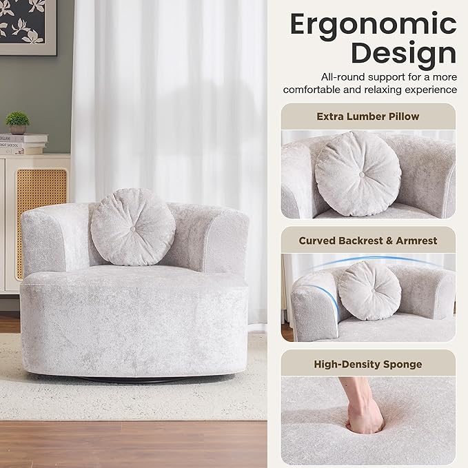 Oversized Swivel Barrel Chairs Set of 2,Modern Curved Back Single Sofa Chair, Comfy All-Foam Compression Upholstered Round Armchair with Pillow,Cozy Chenille Accent Chair for Living Room(Beige)