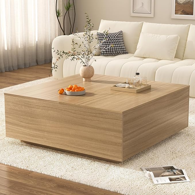 47 Inch Large Square Coffee Table with Storage,Modern Wooden Coffee Tables with 2 Drawers Storage for Living Room,Mid Century Tea Table/Aesthetic Coffee Table Center Table for Home Office(Oak)