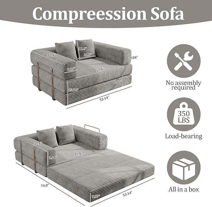 4 in 1 Futon Sofa Bed Queen Size - Foldable Convertible Sleeper Sofa Couch with L-Shaped Support, Removable Washable Floor Space Saving for Bedroom & Dorm (Light Gray, 53.15" Double Sofa)