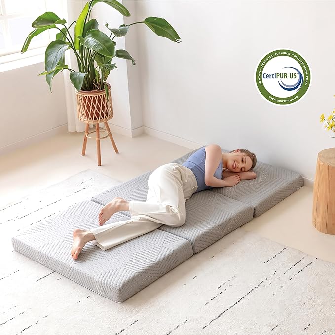 MLILY Tri-Fold Memory Foam Mattress Topper, 4 inch Single Folding Mattress with Collapsible and Washable Cover, Travel and Guest Mat, 75"×25"×4", Grey