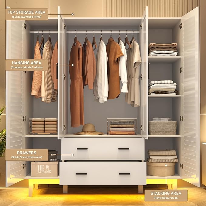 Hlivelood 4 Door Armoire Wardrobe Closet Cabinet with Drawers and LED Lights, Multi-Tier Shelves, Hanging Rod & 4 Louver Doors, Large Capacity Storage Wardrobe Armoire for Bedroom, White