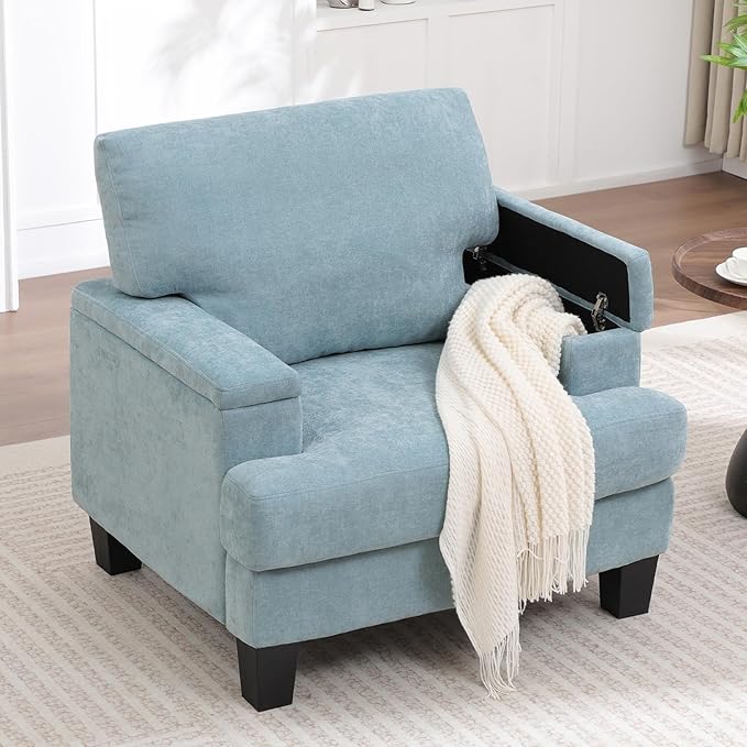 Oversized Accent Chair Set of 2 with Storage Armrest, Modern Upholstered Reading Living Room Chairs, Comfy Large Armchair, Fabric Single Sofa Chair for Bedroom (Green)