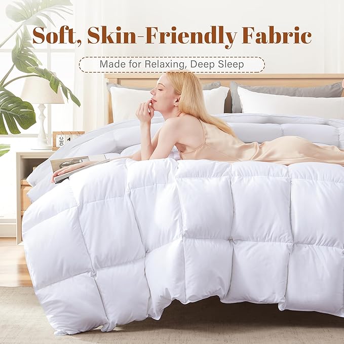 Feather and Down Comforter Insert Queen Size, 100% Cotton Cover, All Season White Down Feather Duvet Insert, Fluffy Soft Hotel Luxury Bedding for Bedroom, 90 x 90 Inches