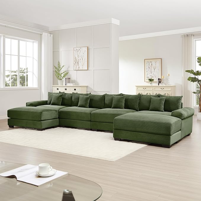 KEIKI 168" U-Shaped Oversized Corduroy Modular Cloud Sectional Sofa with 2 Ottoman, High-Density Foam Cushion, Extra-Thick Armrest, 4-Seater Fluffy Corner Couch with 12 Pillow, for Living Room, Green