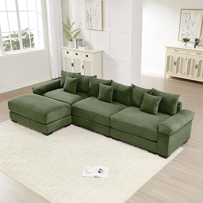 KEIKI 130" L-Shaped Oversized Corduroy Modular Cloud Sectional Sofa with 1 Ottoman, High-Density Foam Cushion, Extra-Thick Armrest, 3-Seater Fluffy Corner Couch with 9 Pillow, for Living Room, Green