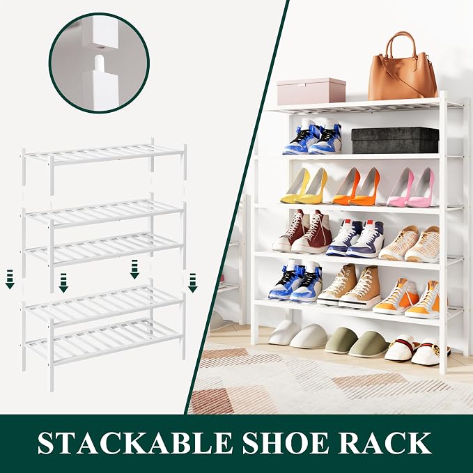 Smiry Shoe Rack, 5 Tier Bamboo Shoe Organizer, Stackable Free Standing Wooden Shoe Storage Shelf for Closet, Entryway, Front Door Entrance, White - Image 4