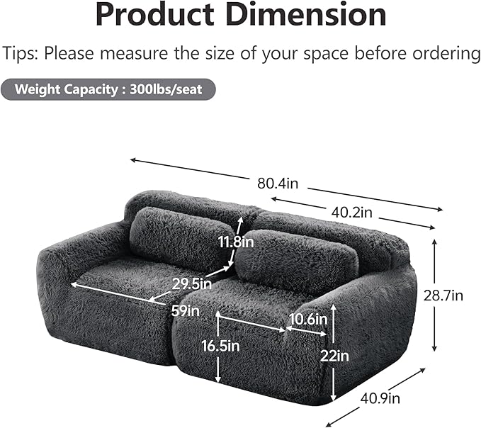 80.4-Inch Boneless Love Seat Couches in a Box, Modern 2 Seat Floor Modular Foam Cloud Sofa Faux Fur Loveseat Couch W/Angle Armrests for Home Apartments Bedroom