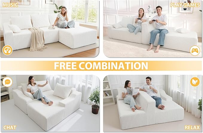 Homguava 94'' Cloud Sectional Couch, Modular L-Shape Couch with Chaise, Boneless Sofa with Deep Seat for Living Room Bedroom,No Assembly Required(Beige,Right Facing Chaise)