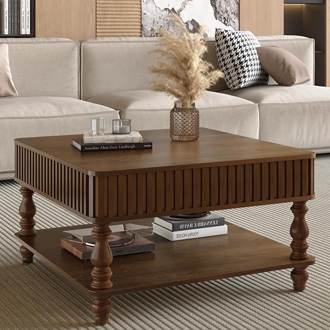 31.5" Square Lift Top Coffee Table with Storage Modern Fluted Coffee Tables with Lifting Top, Farmhouse Solid Wood Center Table with Table Legs for Living Room, Apartment or Office (Walnut)