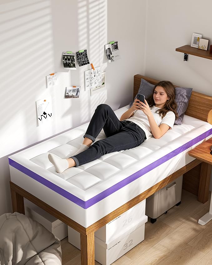 ChiXpace Dual Layer 4 Inch Memory Foam Mattress Topper Twin XL - 2 Inch Gel Memory Foam and 2 Inch Pillow Top Mattress Pad, 7-Zone Egg Crate Twin XL Size Mattress Topper (White)