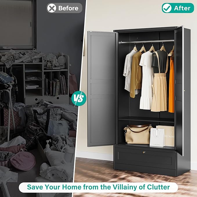 SISESOL Metal Wardrobe Cabinet with Drawer,Armoire Wardrobe Closet with Doors,Black Metal Clothing Storage Cabinet with Adjustable Shelves and Hanging Rod for Home,Bedroom Armoires